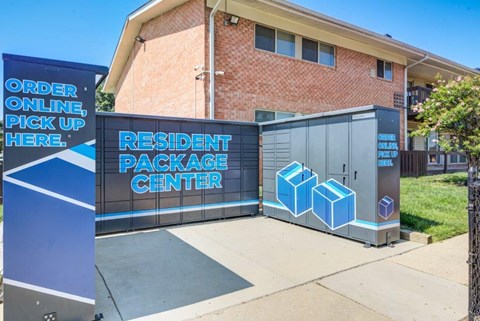 a building with a sign for theresidentorage package center