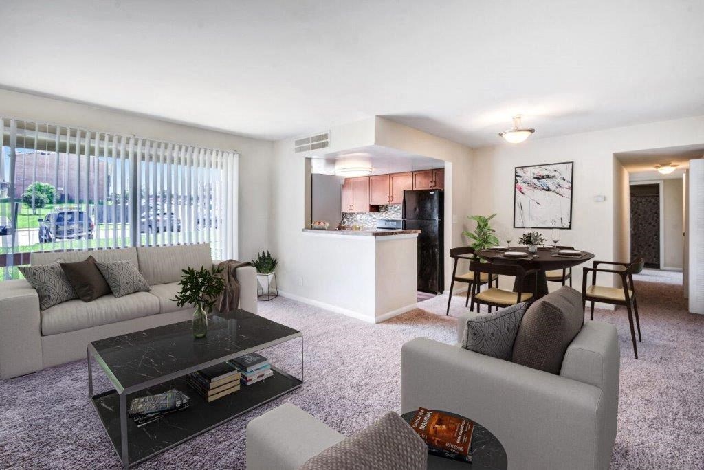 a living room with a couch and a table