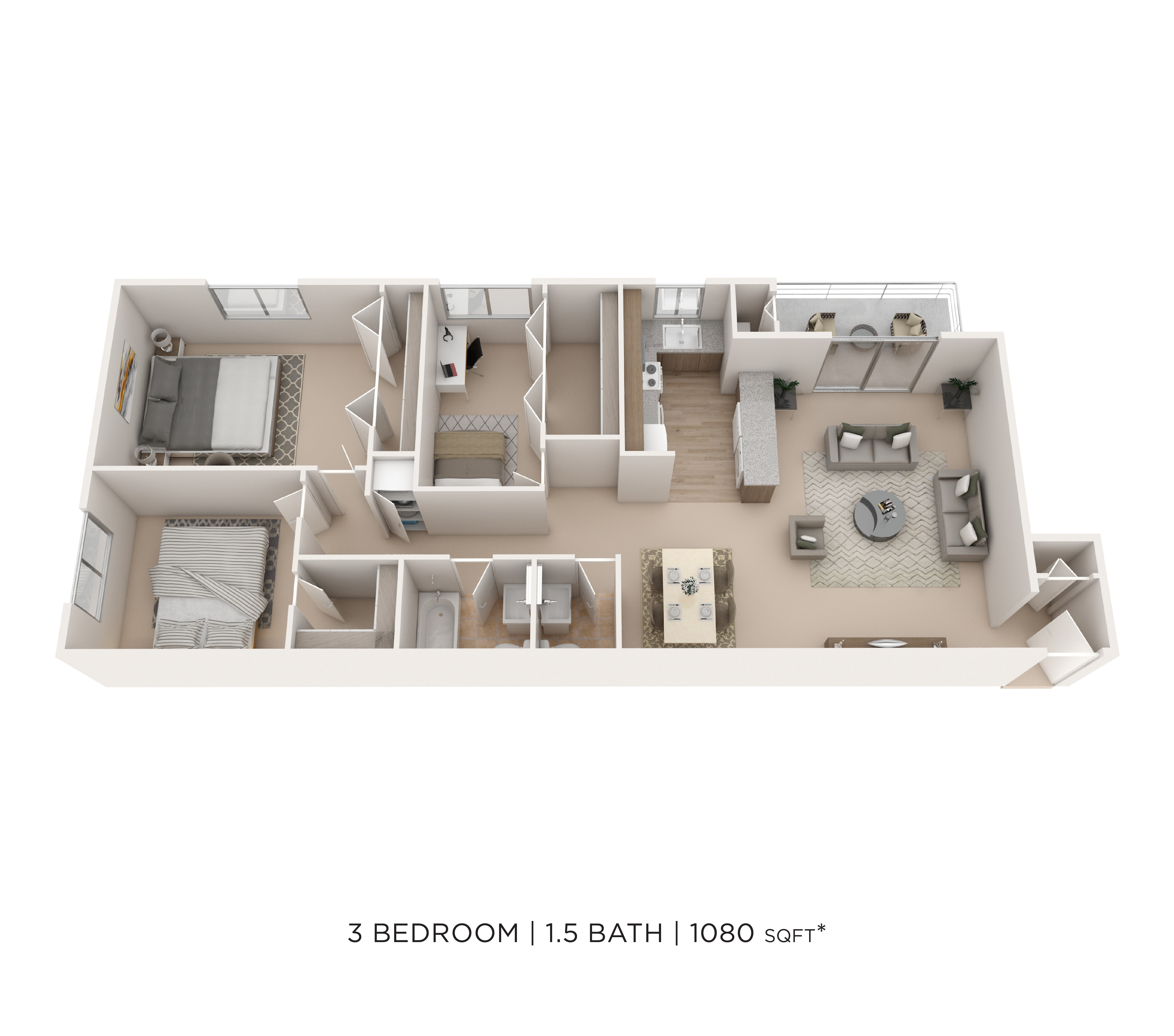 Three Bedroom 1.5 Bath - 1,080 sqft