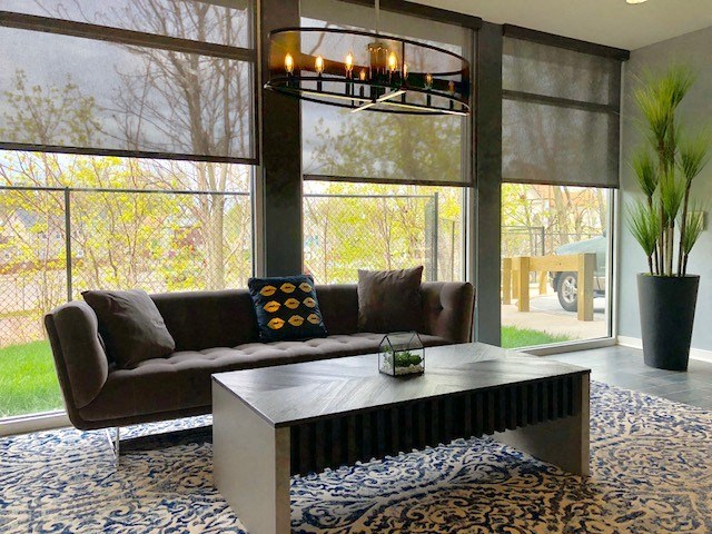 a living room with a couch and a coffee table