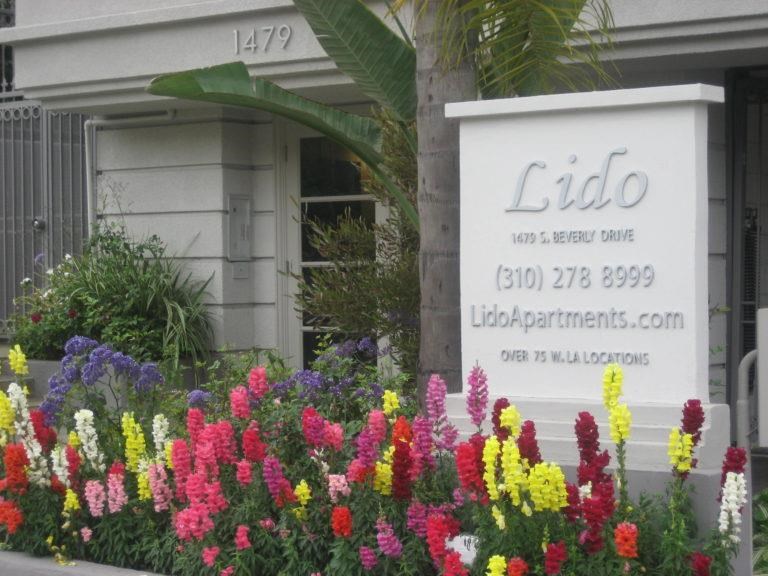 a display of flowers in front of a sign