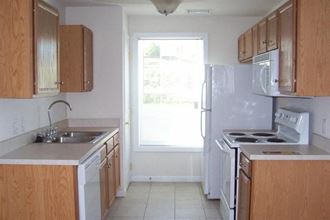 a kitchen with a stove and a sink and a refrigerator