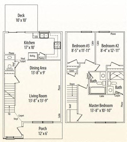 A floor plan of a house with a deck, kitchen, dining area, living room, two bedrooms, a bathroom, and a porch.