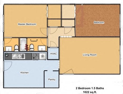 Large 2 Bedroom 1.5 Bath Unit Floor Plan 1