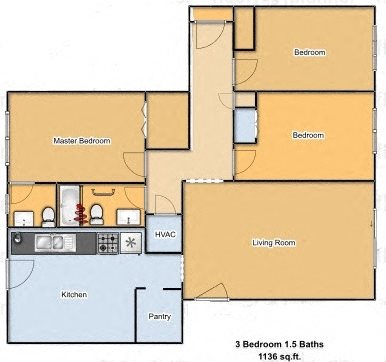 Large 3 Bed 1 And A Half Bath Unit Floor Plan 2