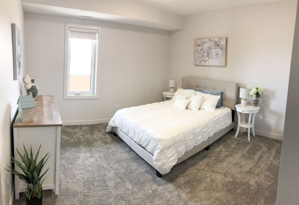 a bedroom with a bed and a desk and a window