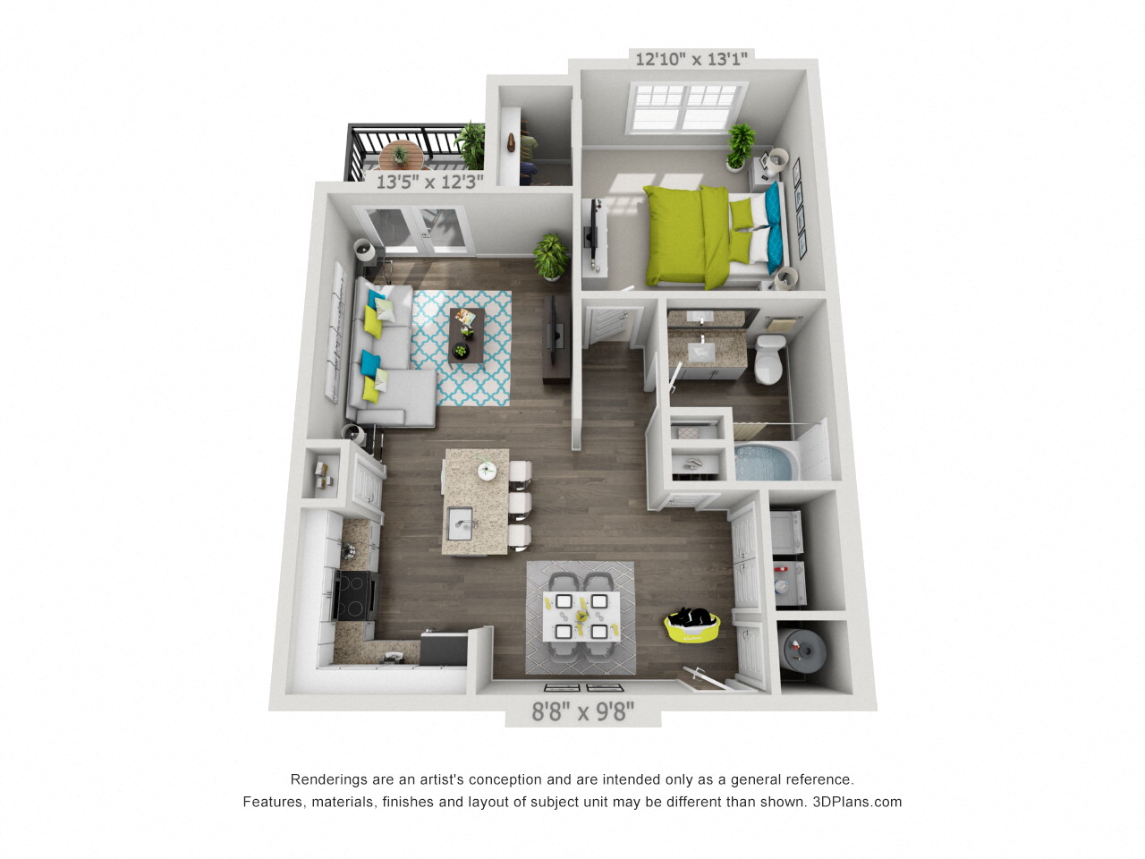 Hawthorne at the Glen One Bedroom Floor Plan Rendering