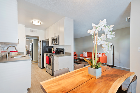 a kitchen and living room with a wooden table