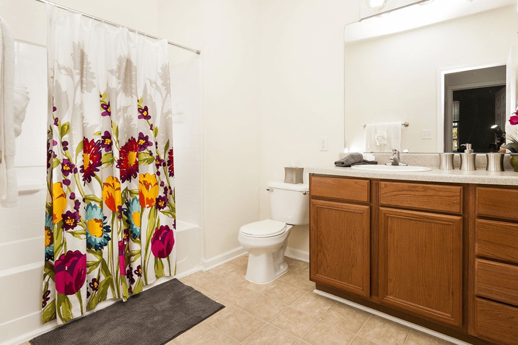 a bathroom with a shower curtain and a sink and a toilet