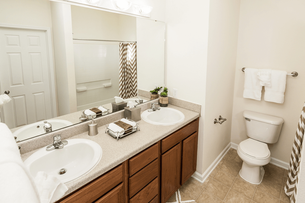 a bathroom with two sinks and a toilet and a mirror