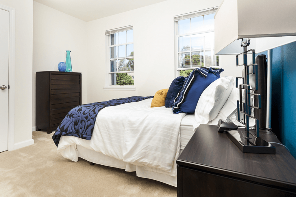 a bedroom with a bed and a dresser and a window