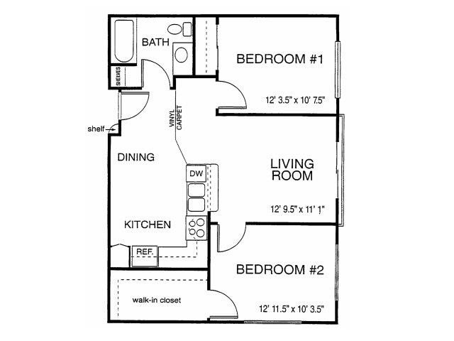 Citi Vista Senior Living | Two Bedrooms One Bathroom Floor Plans (Extra Storage Closet) Extra Storage in 2x1 Floor plans available at Citi Vista Senior Living | Reno, NV 89512