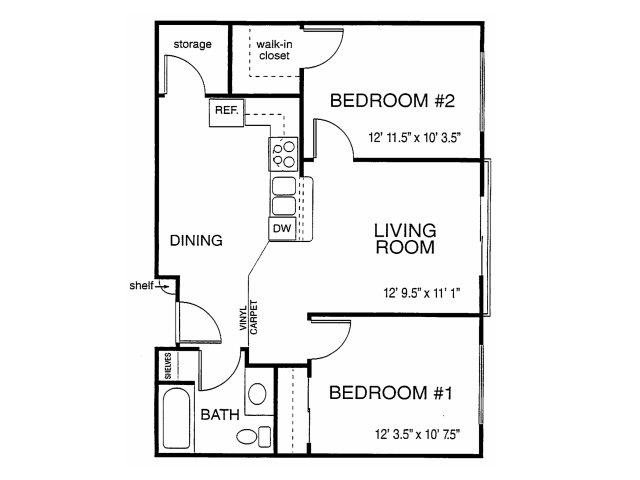 Citi Vista Senior Living | Two Bedrooms One Bathroom Floor Plan (Extra Storage Closet) Extra Storage in 2x1 Floor plans available at Citi Vista Senior Living in Reno, NV 89512