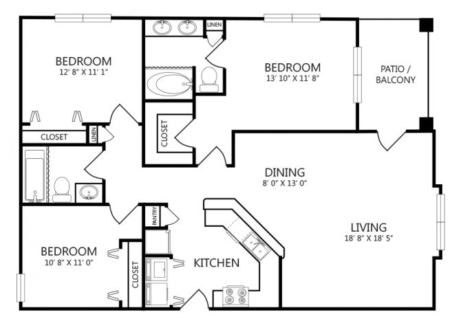 Three bedroom  floor plan apts for rent l Cotton Crossing l New Braunfels, TX