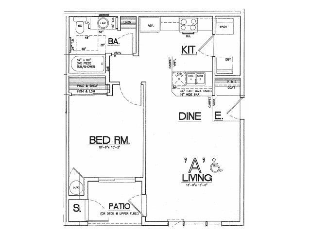 Falls Creek Apartments | One Bedroom One Bathroom Floor Plan 1x1 floor plans available at Falls Creek Apartments in Couer D'Alene, ID 83815