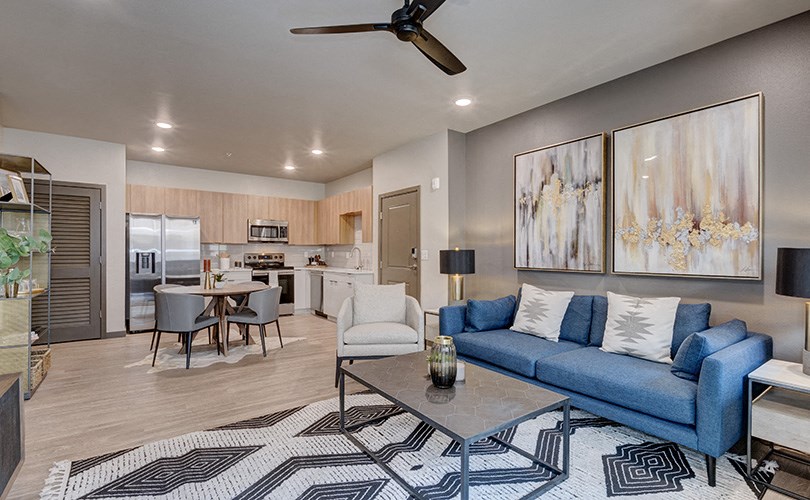 Living room and kitchen area l Azure Apartments in Sparks NV
