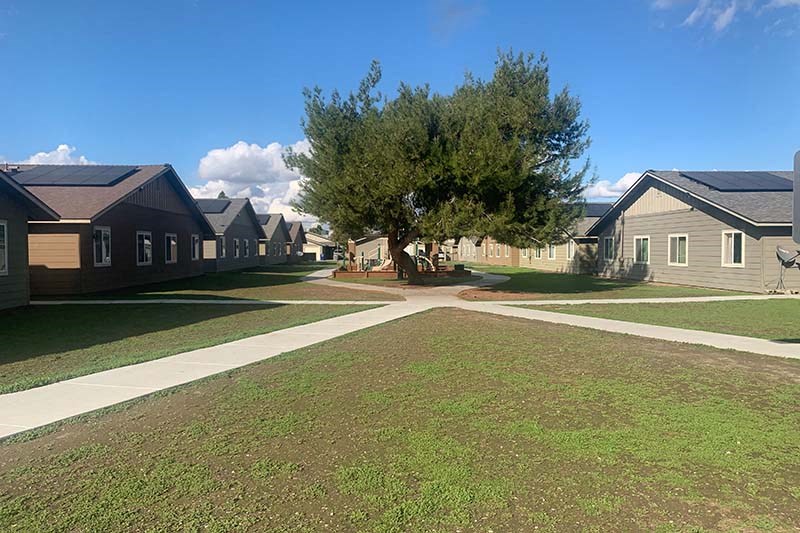 Exterior view of buildings with grass and sidewalks