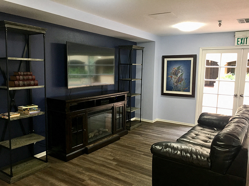 a living room with a leather couch and a television
