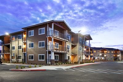 Exterior view of building with parking