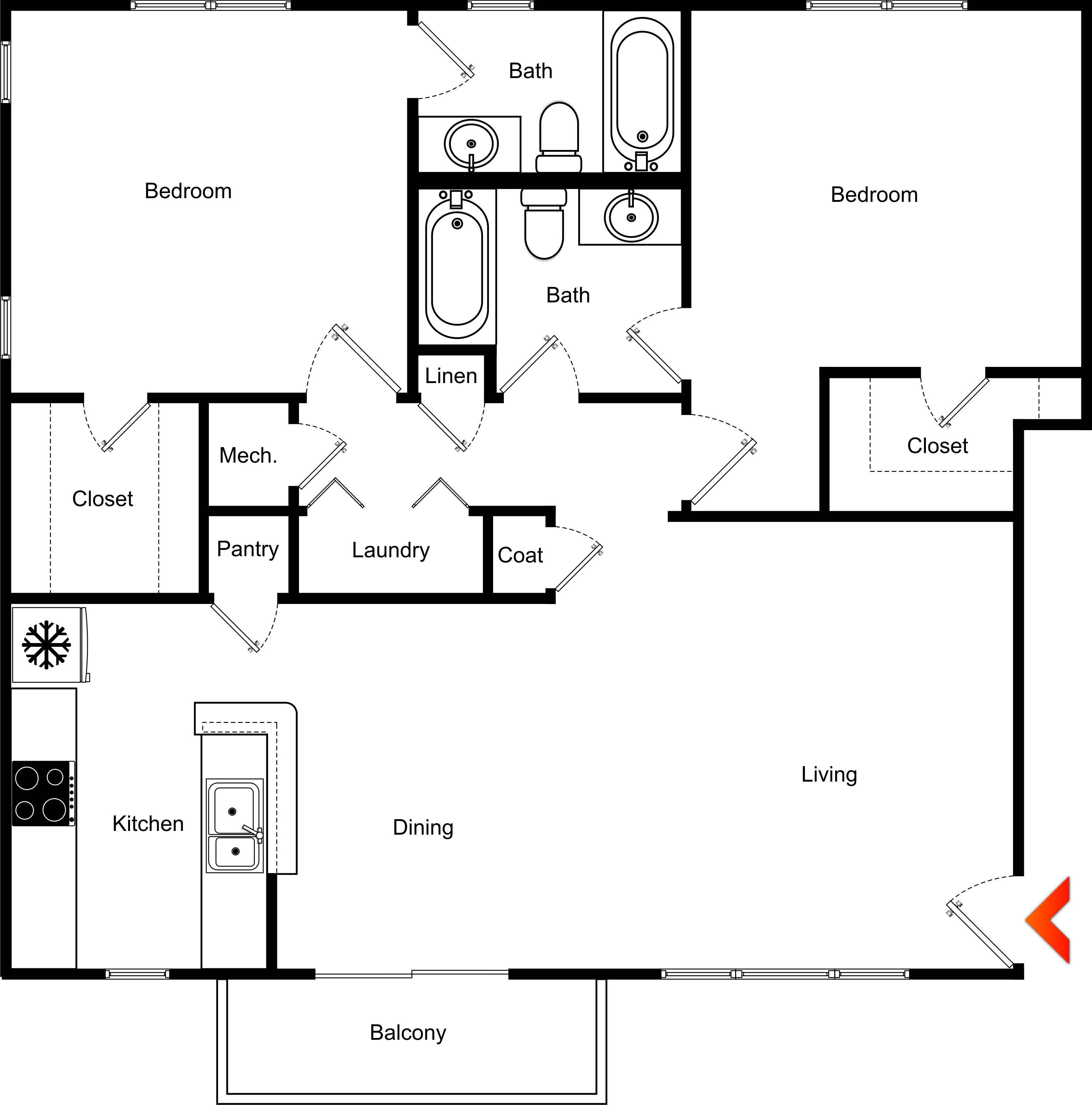 2 Bedroom 2 Bathroom Floor Plan at Highland View Apartments, Georgia, 30306