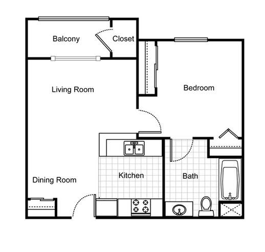 One bedroom floor plan l Maywood Villas Senior Apartments in Maywood Ca
