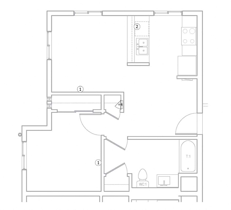 One bedroom floor plan  l The Meridian Apartments in Los Angeles, CA