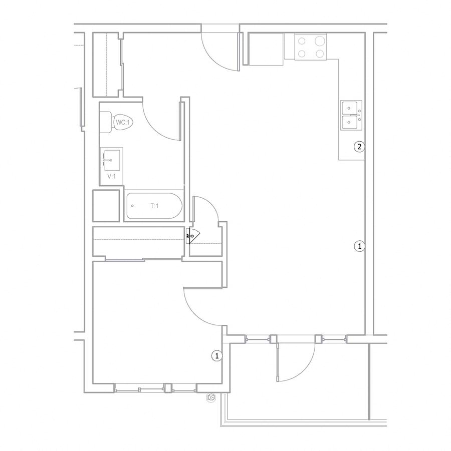 One bedroom floor plan  l The Meridian Apartments in Los Angeles, CA