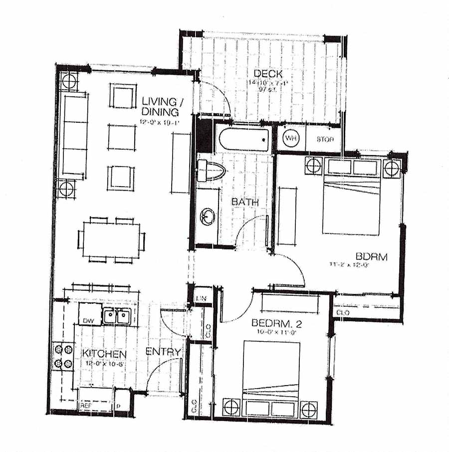 Two bedroom floor plan l Mirandela Apartments in Rancho Palos Verdes