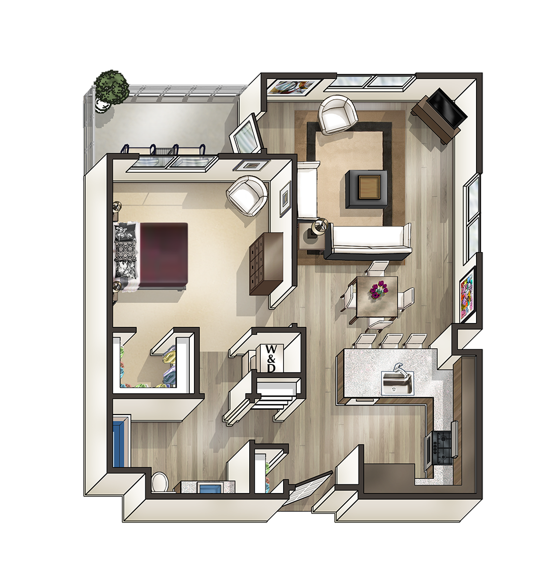 E - 1 Bedroom 1 Bath Floor Plan Layout - 825 Square Feet at MODE, San Mateo, 94403