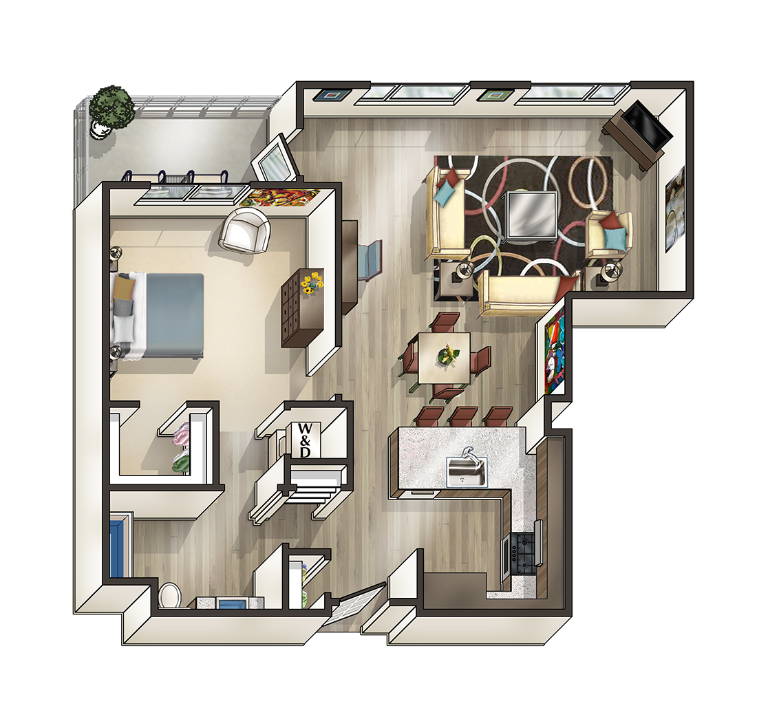 F - 1 Bedroom 1 Bath Floor Plan Layout - 915 Square Feet at MODE, San Mateo, California