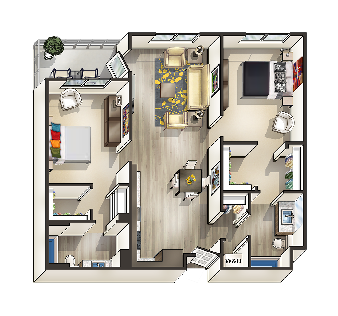 H - 2 Bedroom 2 Bath Floor Plan Layout - 1045 Square Feet at MODE, San Mateo, CA