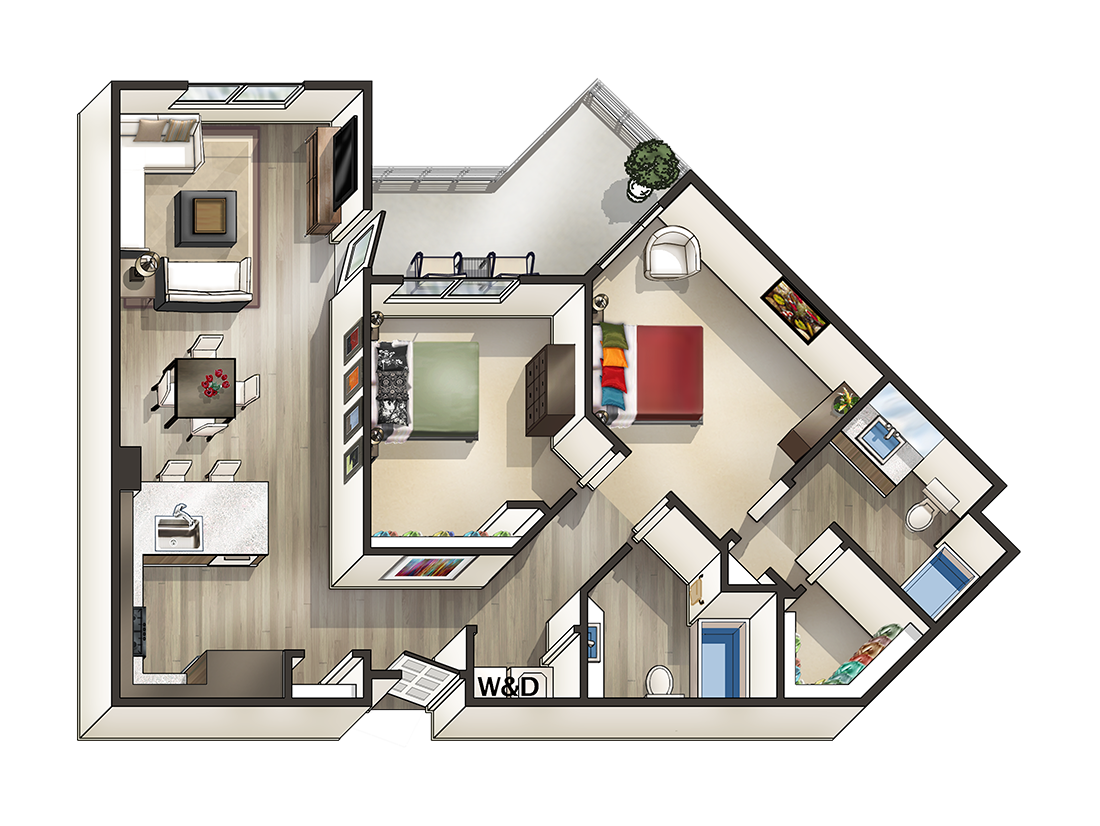 J - 2 Bedroom 2 Bath Floor Plan Layout - 1080 Square Feet at MODE, California, 94403