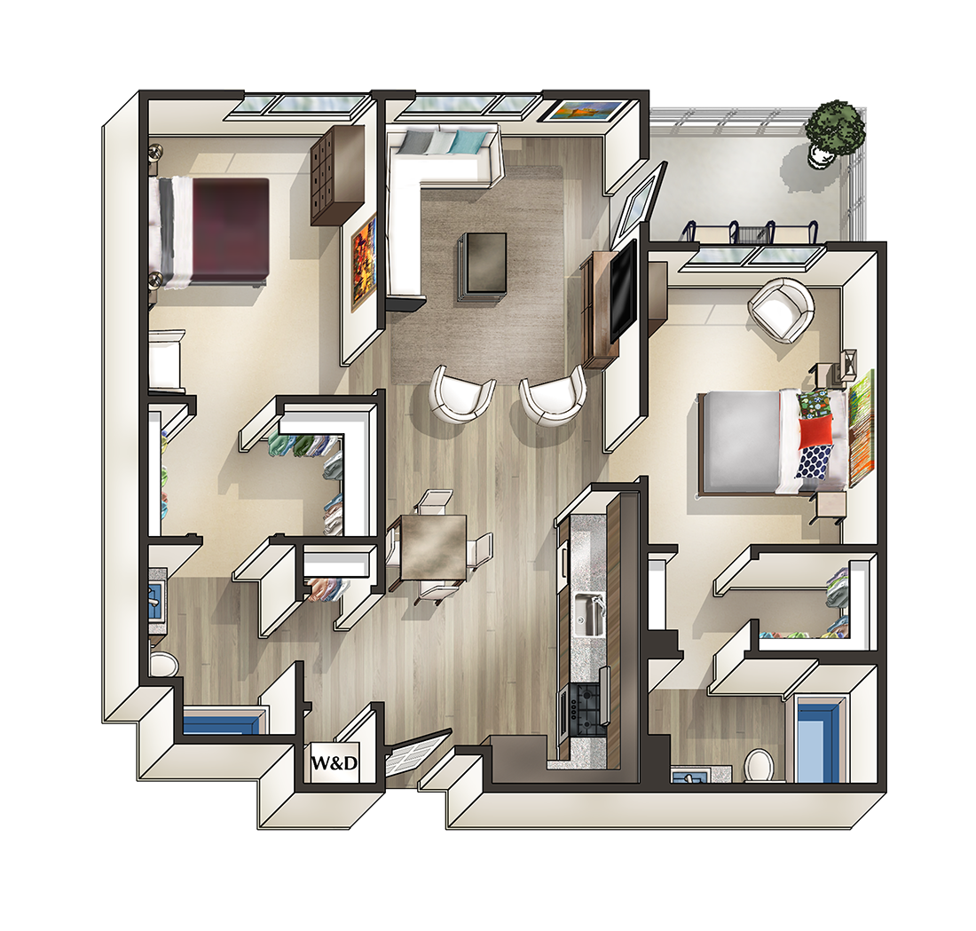 G - 2 Bedroom 2 Bath Floor Plan Layout - 1030 Square Feet at MODE, San Mateo, CA, 94403