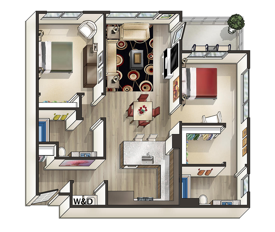 I - 2 Bedroom 2 Bath Floor Plan Layout - 1050 Square Feet at MODE, San Mateo, 94403