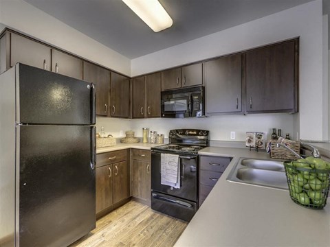 a kitchen with stainless steel appliances and a black refrigerator