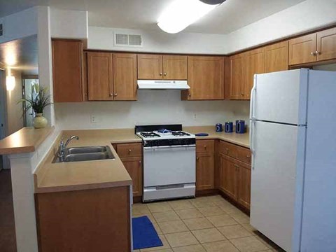 a kitchen with a stove and a refrigerator