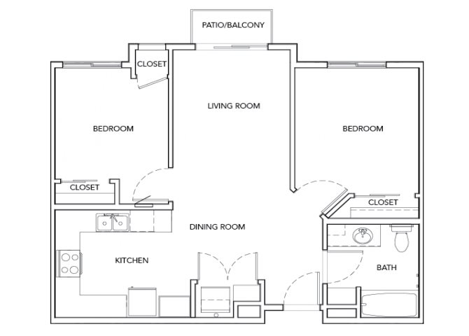 2BD, 1BTH floor plan.