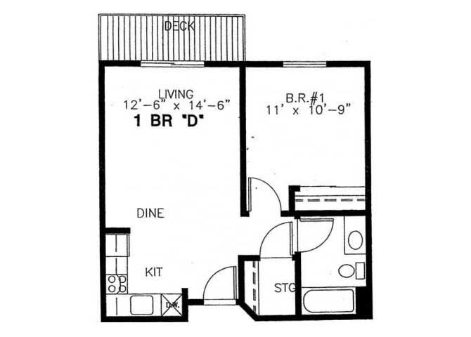 1 Bed 1 Bath floor plan.