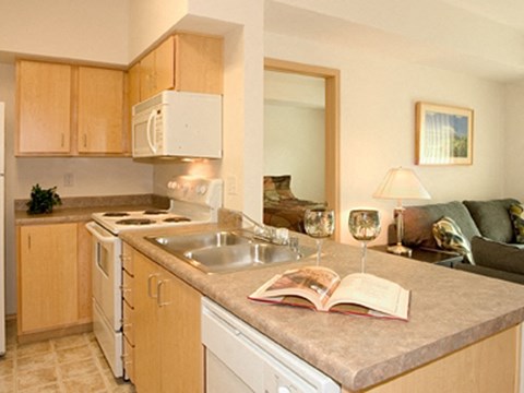 a kitchen with a sink and a counter with a book on it