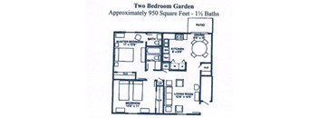 Two bedroom garden apartment has one full bath and one half bath off the master bedroom and is 950 square feet