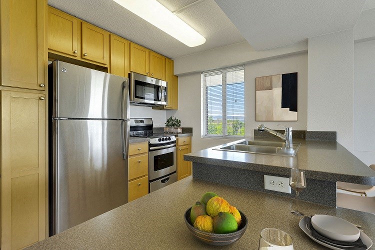 a kitchen with stainless steel appliances and a bowl of fruit