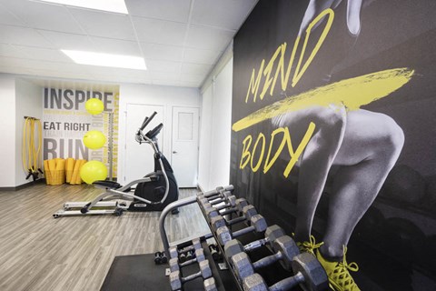 a gym with cardio equipment and a wall mural of a woman in a workout room