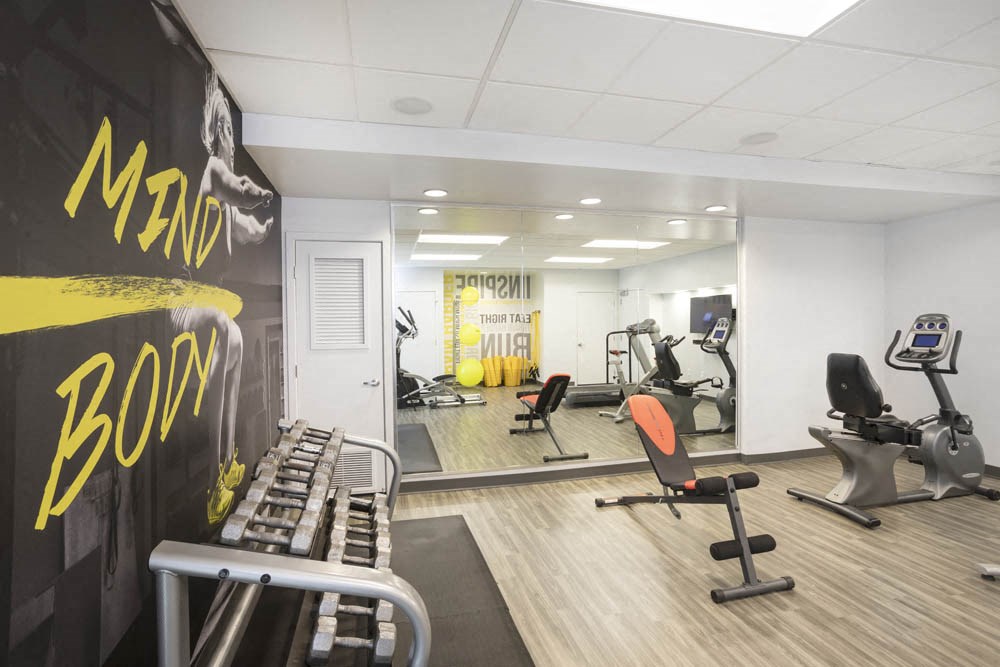 a gym with various exercise machines and a wall with a mural