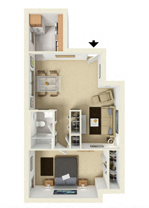3D furnished rendering of the A2 Maple 610-square-foot one-bedroom, one-bath apartment at Society Hill at Lehigh Park Apartments.