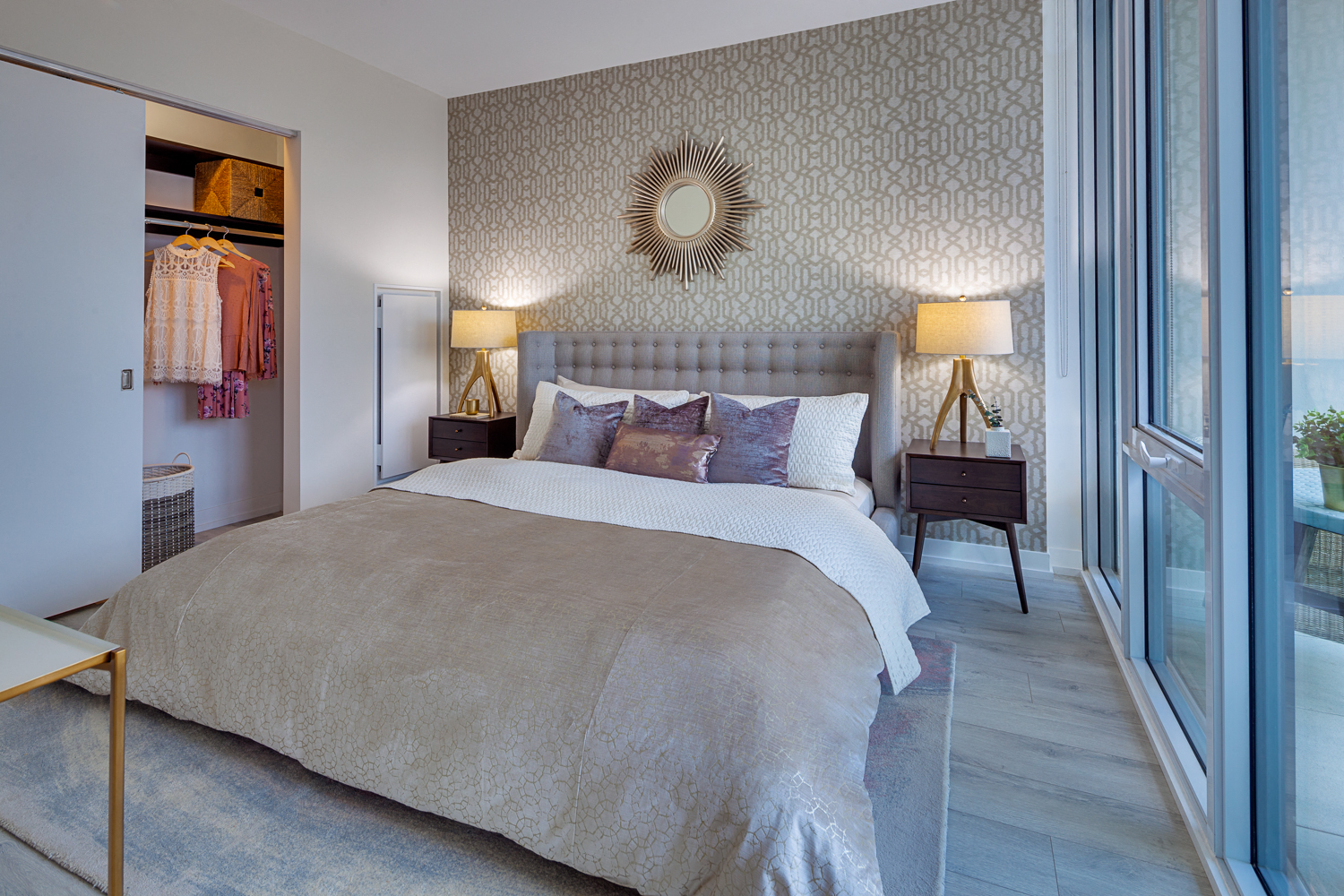 a bedroom with a bed and a closet