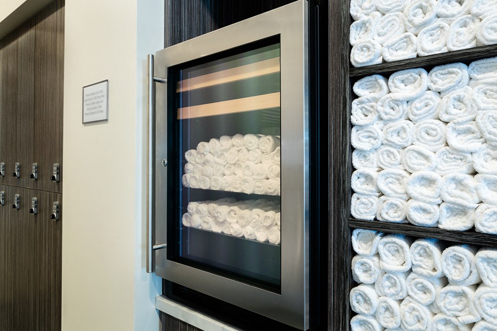a bathroom with an oven with rolls of towels in it