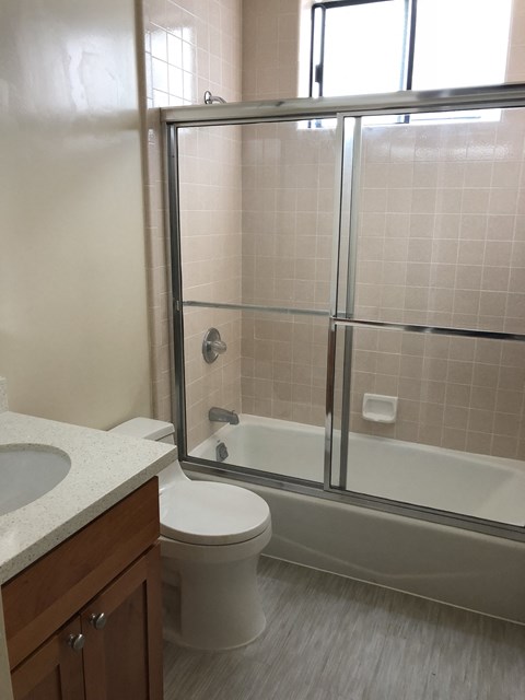 a bathroom with a shower and a toilet and a sink