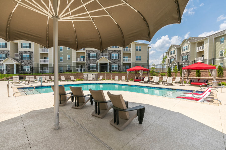 Shaded Lounge Area by Pool at Aventura at Maryland Oaks, St. Louis, 63146