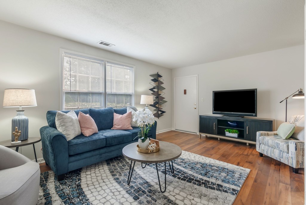 A living room with a blue couch and a television.