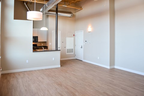 A room with a kitchen area in the background and a doorway leading to another room.
